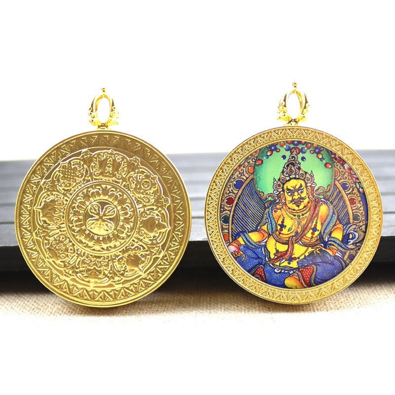 Gold round thangka pendant necklace Beautiful Chinese pure painting art