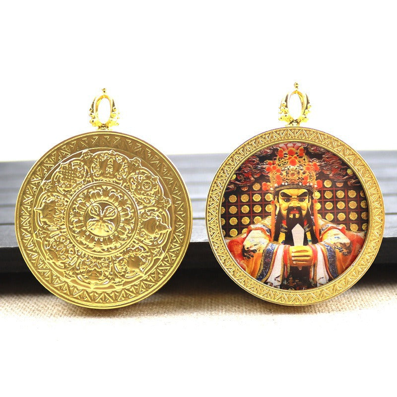 Gold round thangka pendant necklace Beautiful Chinese pure painting art