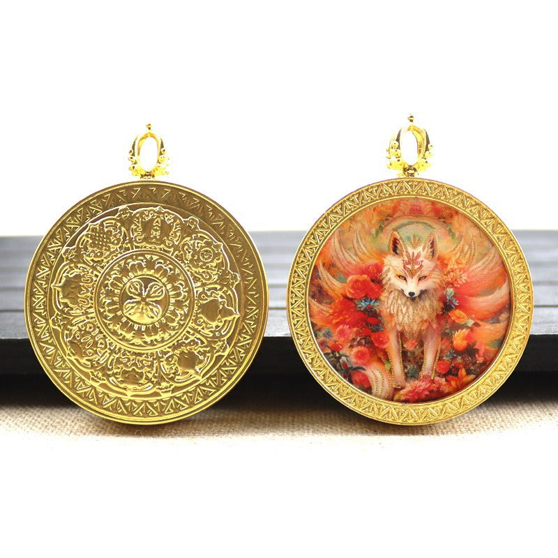 Gold round thangka pendant necklace Beautiful Chinese pure painting art