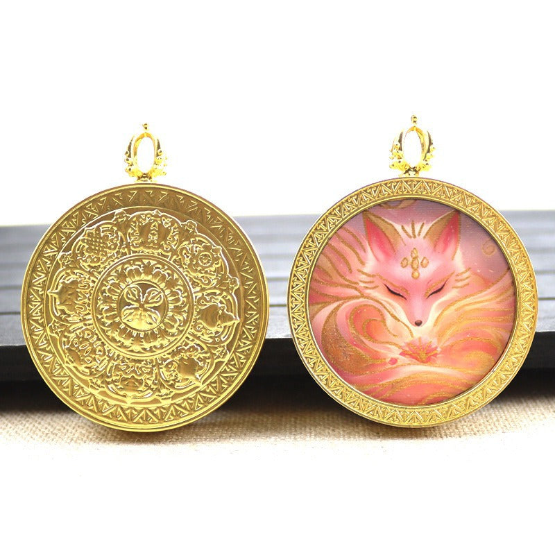 Gold round thangka pendant necklace Beautiful Chinese pure painting art
