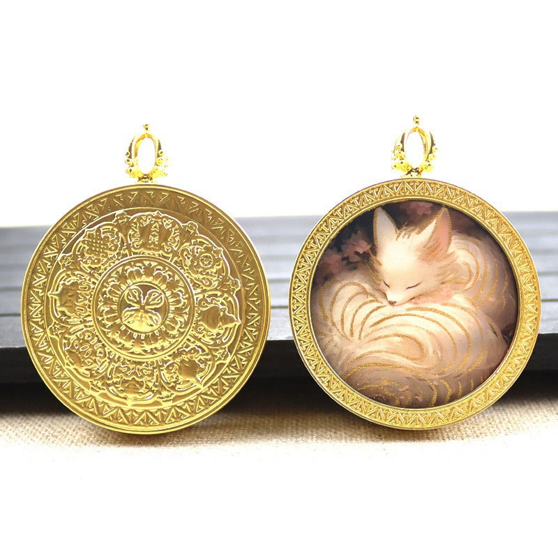 Gold round thangka pendant necklace Beautiful Chinese pure painting art
