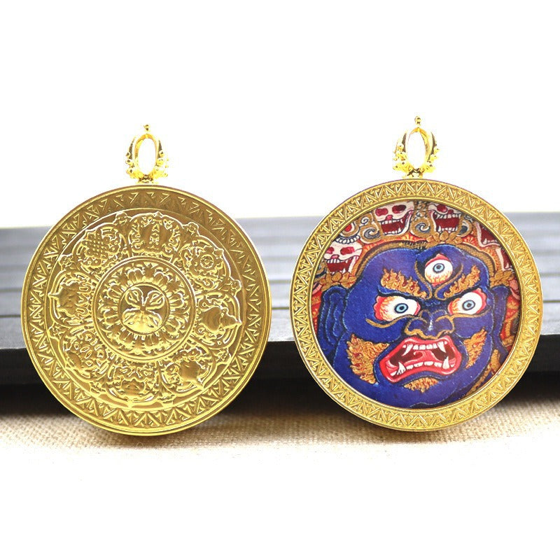 Gold round thangka pendant necklace Beautiful Chinese pure painting art