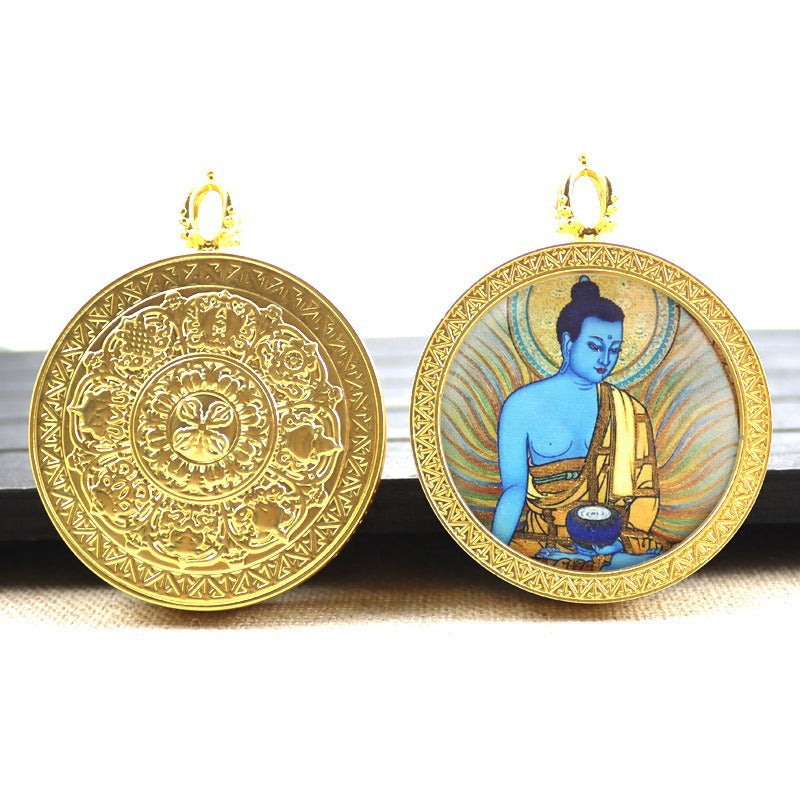 Gold round thangka pendant necklace Beautiful Chinese pure painting art