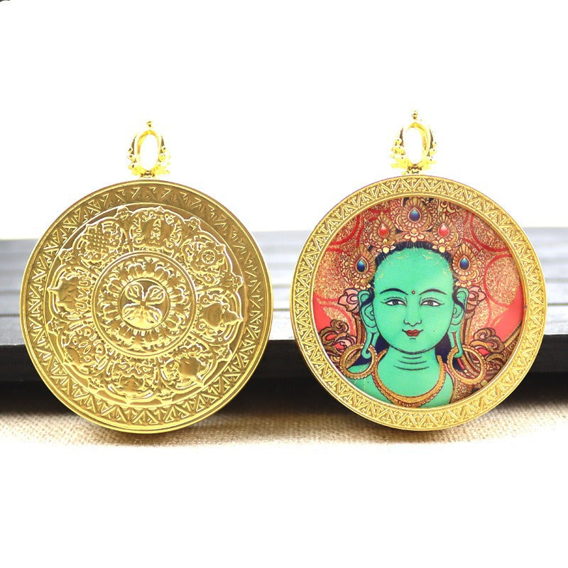 Gold round thangka pendant necklace Beautiful Chinese pure painting art