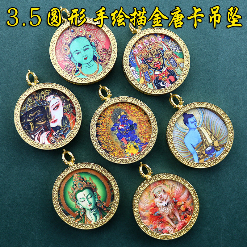 Gold round thangka pendant necklace Beautiful Chinese pure painting art