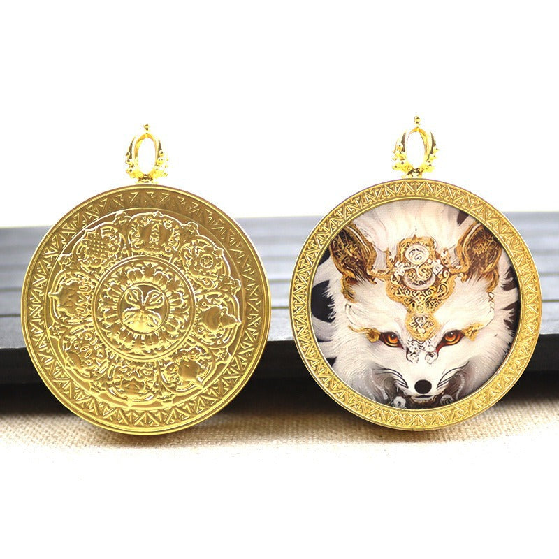 Gold round thangka pendant necklace Beautiful Chinese pure painting art