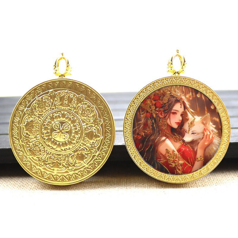 Gold round thangka pendant necklace Beautiful Chinese pure painting art
