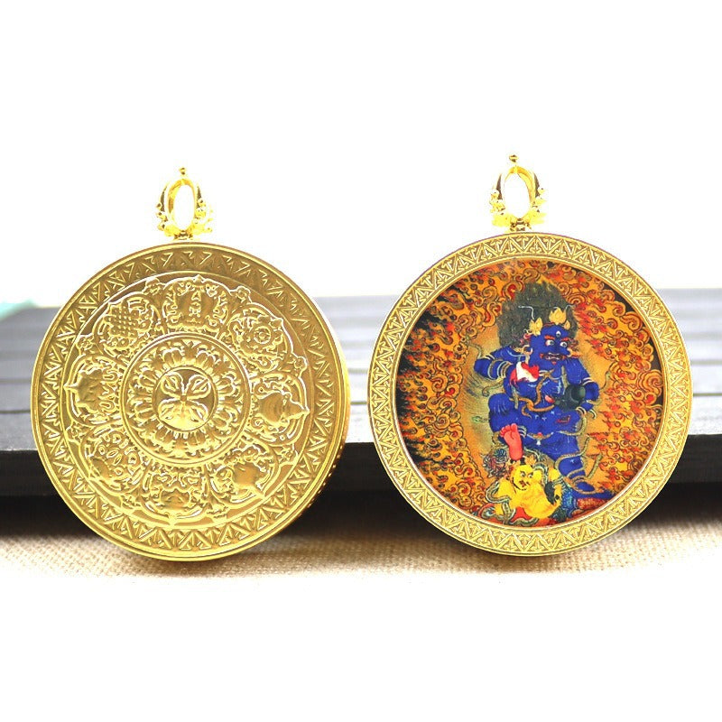 Gold round thangka pendant necklace Beautiful Chinese pure painting art