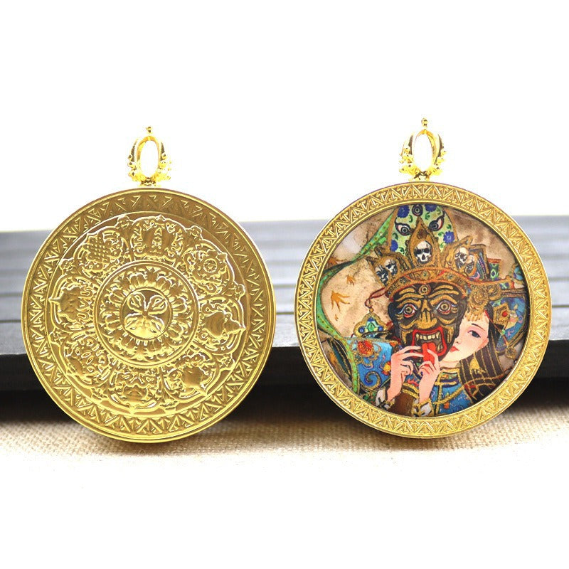 Gold round thangka pendant necklace Beautiful Chinese pure painting art