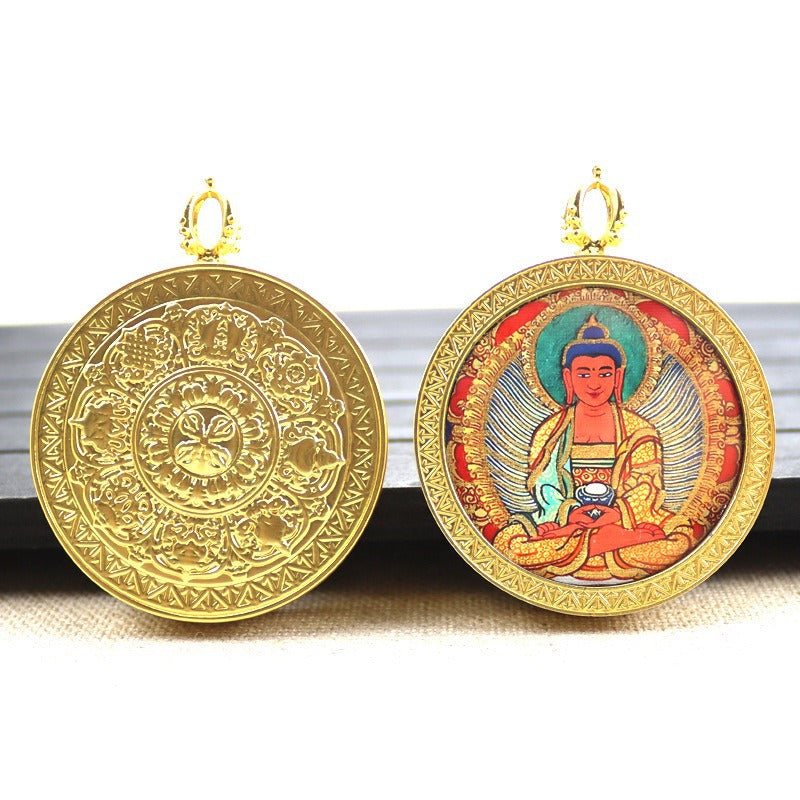 Gold round thangka pendant necklace Beautiful Chinese pure painting art