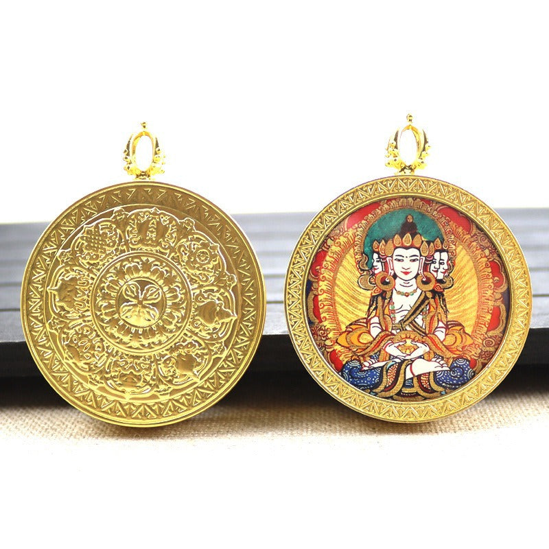Gold round thangka pendant necklace Beautiful Chinese pure painting art