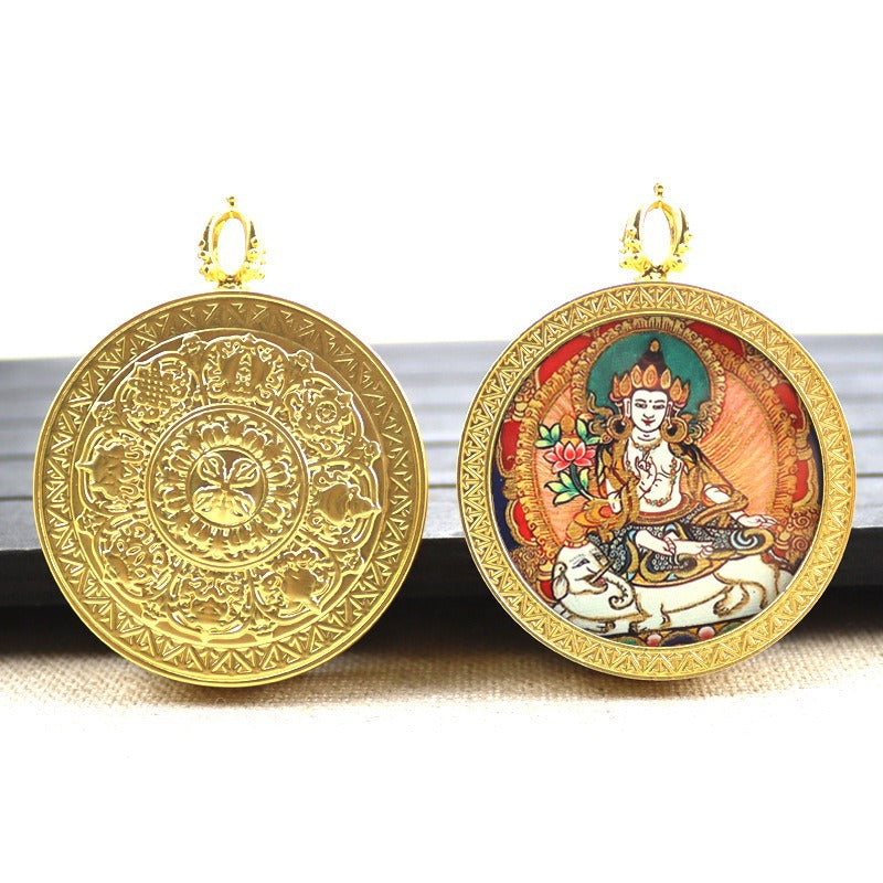 Gold round thangka pendant necklace Beautiful Chinese pure painting art