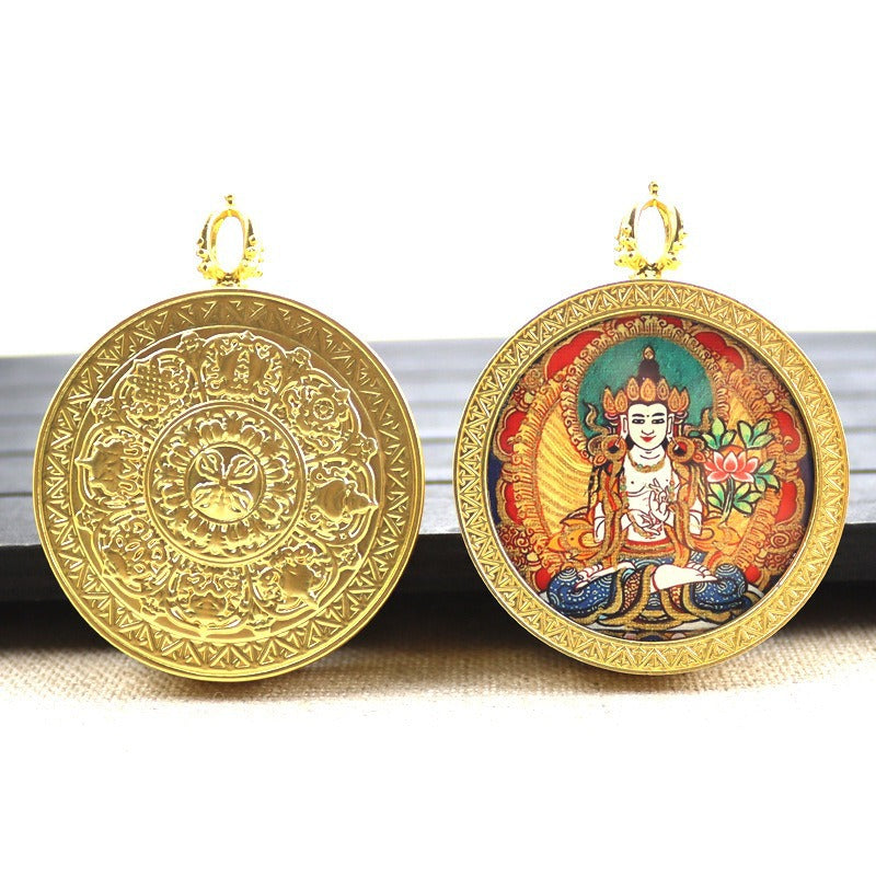 Gold round thangka pendant necklace Beautiful Chinese pure painting art
