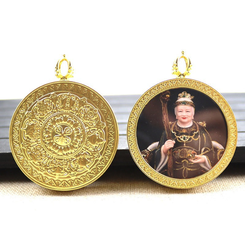 Gold round thangka pendant necklace Beautiful Chinese pure painting art