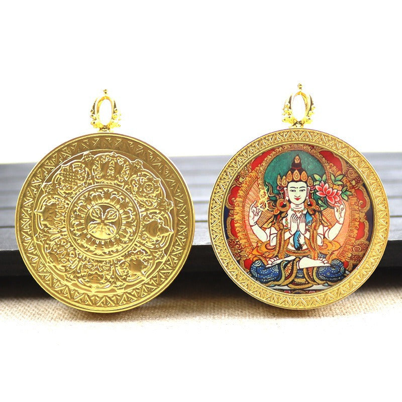 Gold round thangka pendant necklace Beautiful Chinese pure painting art