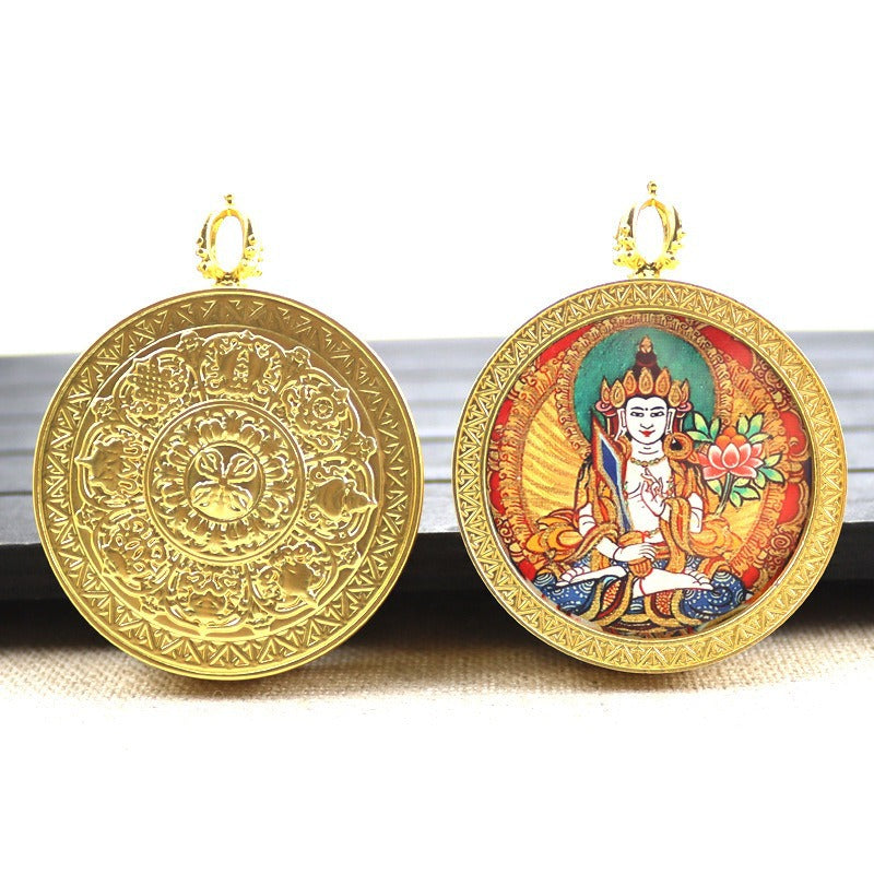 Gold round thangka pendant necklace Beautiful Chinese pure painting art