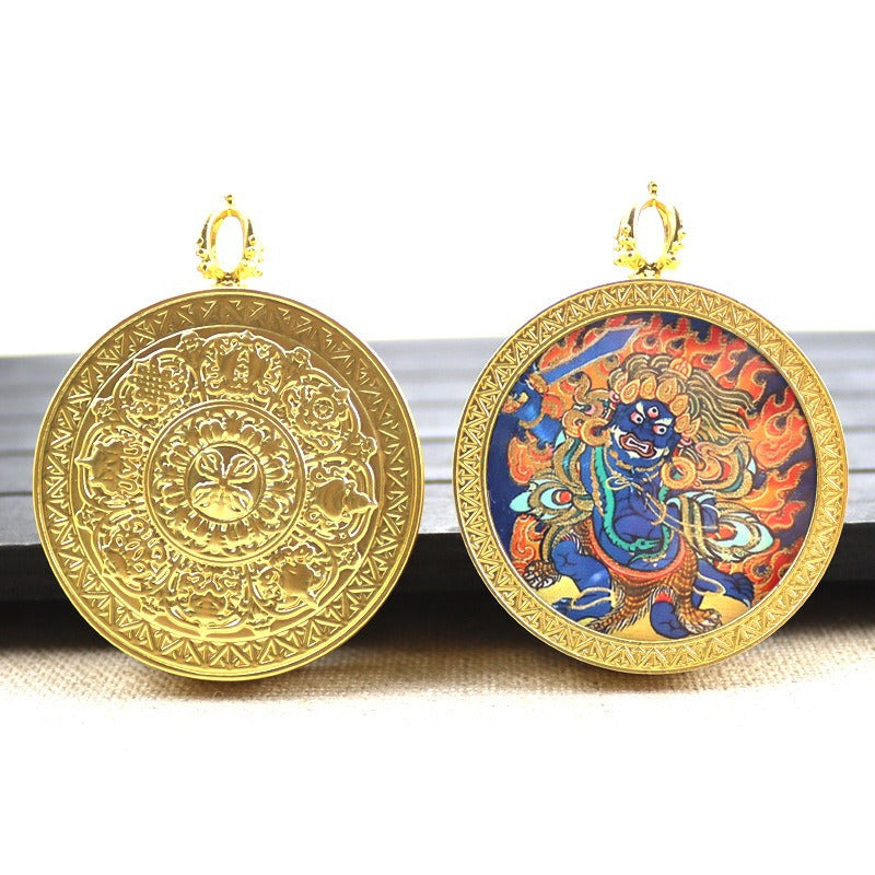 Gold round thangka pendant necklace Beautiful Chinese pure painting art