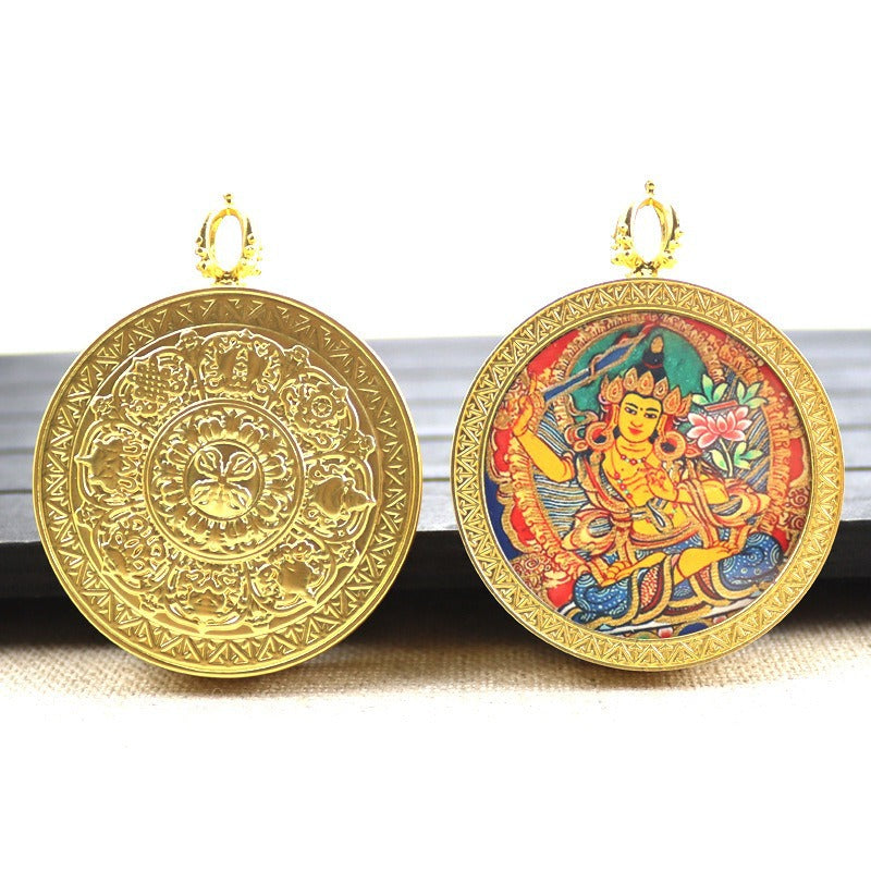 Gold round thangka pendant necklace Beautiful Chinese pure painting art
