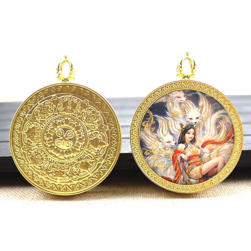 Gold round thangka pendant necklace Beautiful Chinese pure painting art