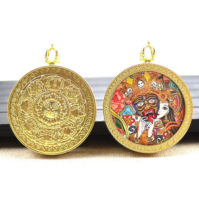 Gold round thangka pendant necklace Beautiful Chinese pure painting art