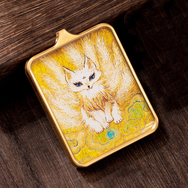 Nine-tailed fox fairy pendant necklace with a small Thangka attached