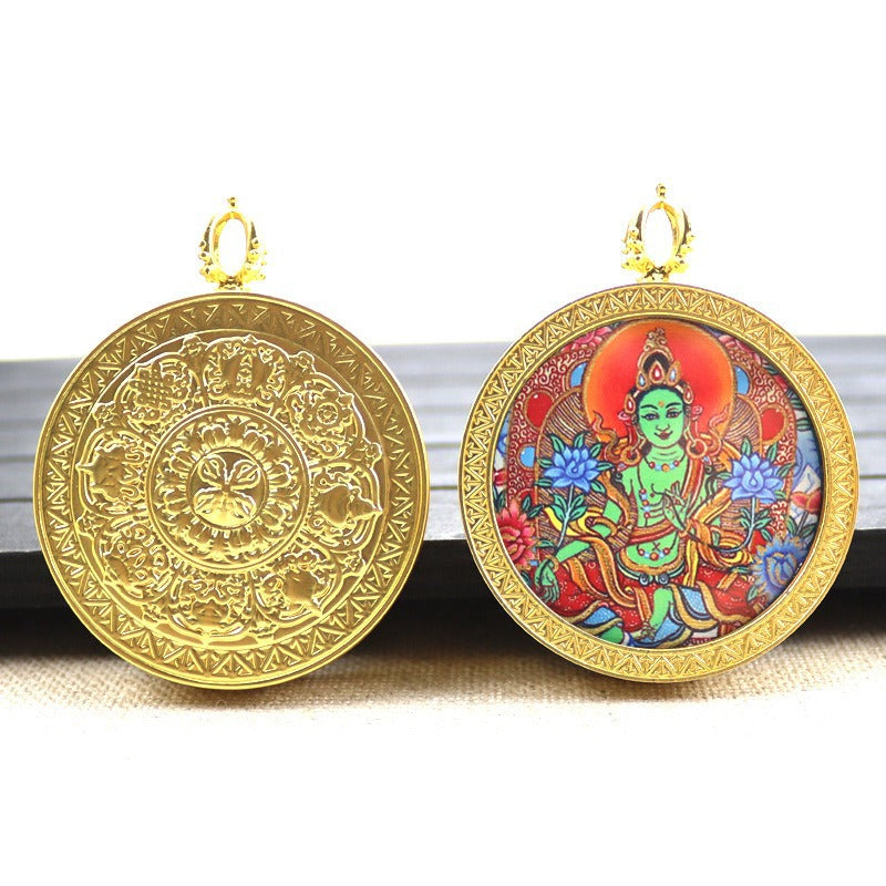 Gold round thangka pendant necklace Beautiful Chinese pure painting art