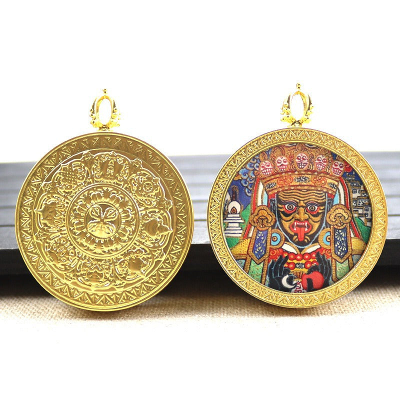 Gold round thangka pendant necklace Beautiful Chinese pure painting art