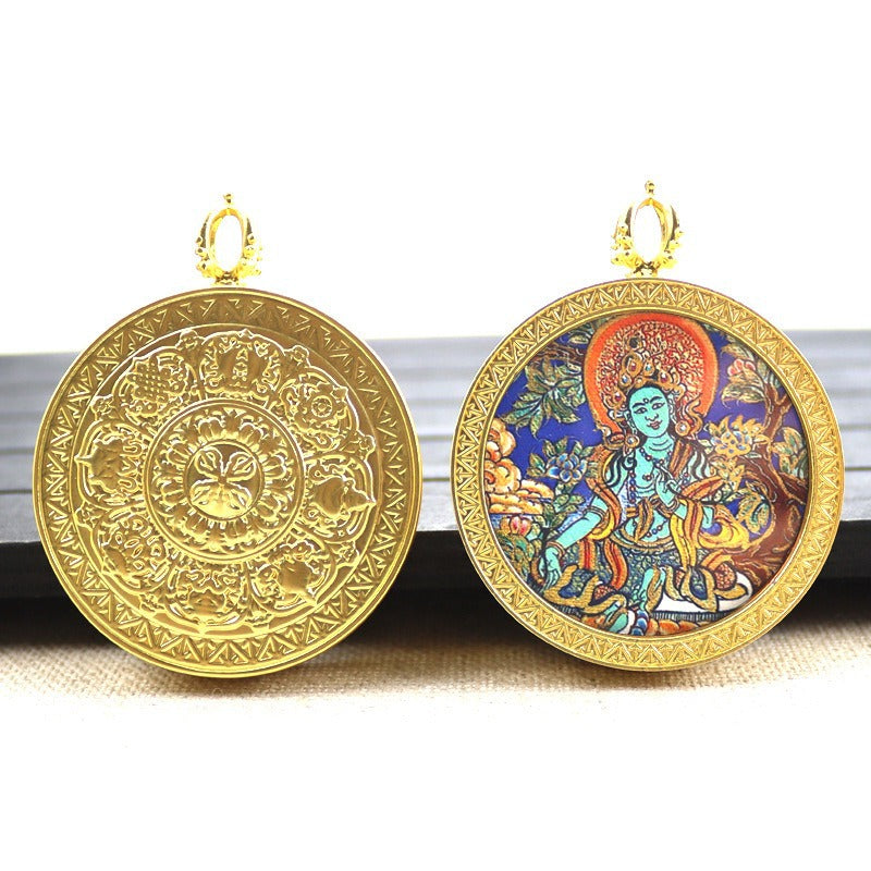 Gold round thangka pendant necklace Beautiful Chinese pure painting art