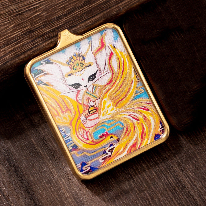 Nine-tailed fox fairy pendant necklace with a small Thangka attached