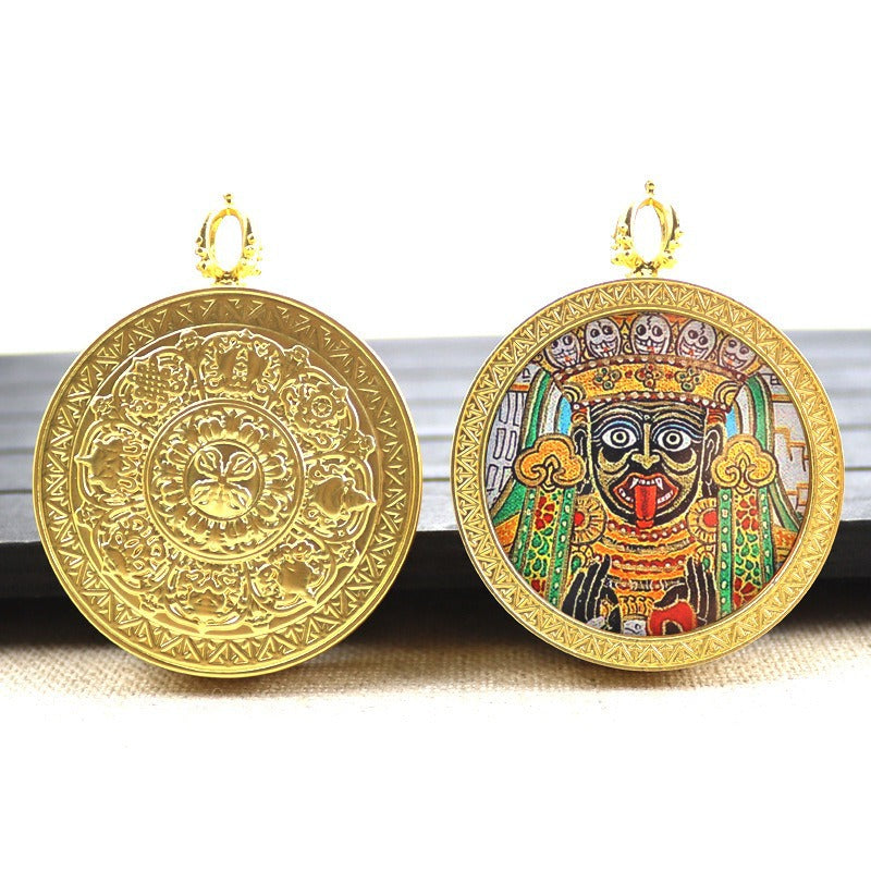 Gold round thangka pendant necklace Beautiful Chinese pure painting art