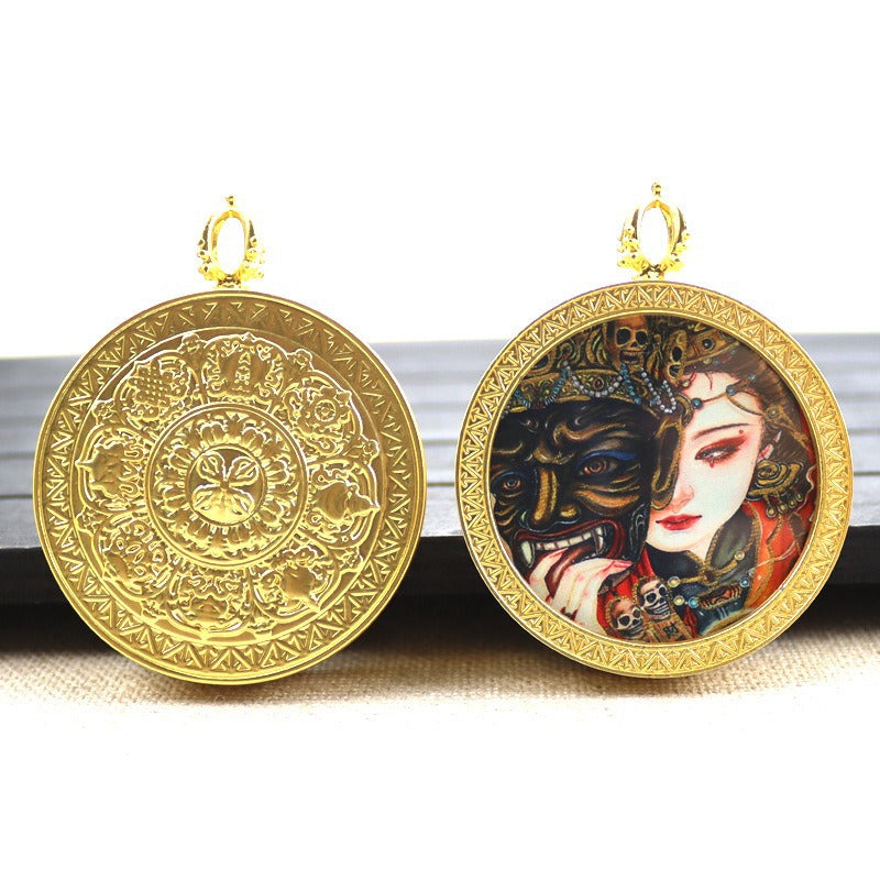 Gold round thangka pendant necklace Beautiful Chinese pure painting art
