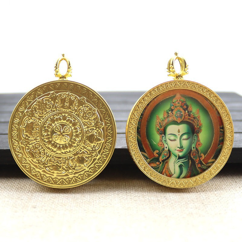 Gold round thangka pendant necklace Beautiful Chinese pure painting art