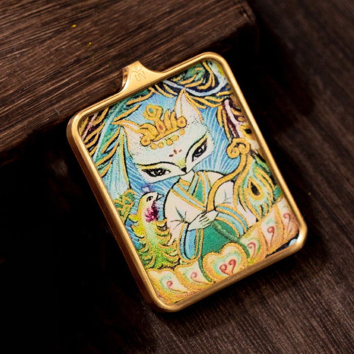 Nine-tailed fox fairy pendant necklace with a small Thangka attached