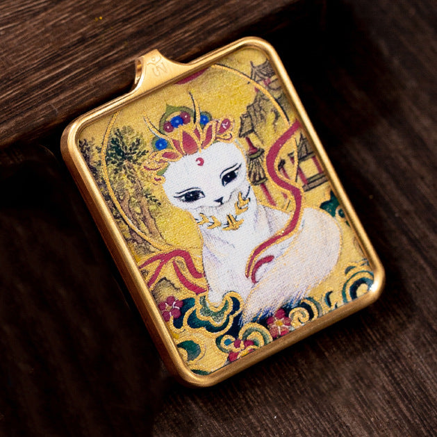 Nine-tailed fox fairy pendant necklace with a small Thangka attached