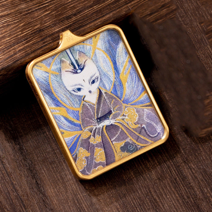 Nine-tailed fox fairy pendant necklace with a small Thangka attached