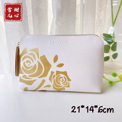 New Lancôme Large Capacity Cosmetic Clutch Bag, Red Floral Gold Embossed Portable Makeup Storage Bag
