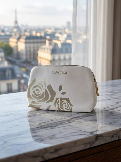 New Lancôme Large Capacity Cosmetic Clutch Bag, Red Floral Gold Embossed Portable Makeup Storage Bag