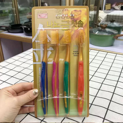 Korean GOLD Nano Soft Bristle Toothbrushes, Antibacterial Fine Toothbrushes, Deep Teeth Cleaning, 4 Pieces Pack